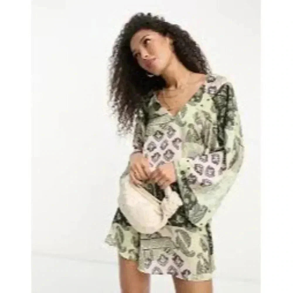 ASOS DESIGN Sz 4 kimono sleeve mini smock dress cross back Paisley Hippy Boho